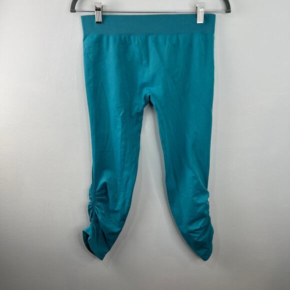 Unity Blue Teal Ruched Ankle Capri Leggings Cropped Seamless Active Yoga USA L - Picture 2 of 4
